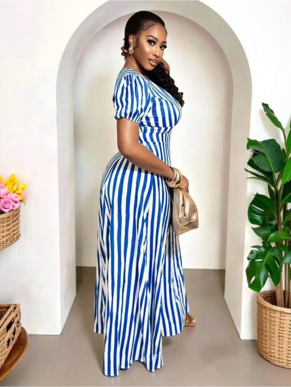 Blue and White Striped V-Neck Maxi Dress - 8/10 - Picture 5 of 6